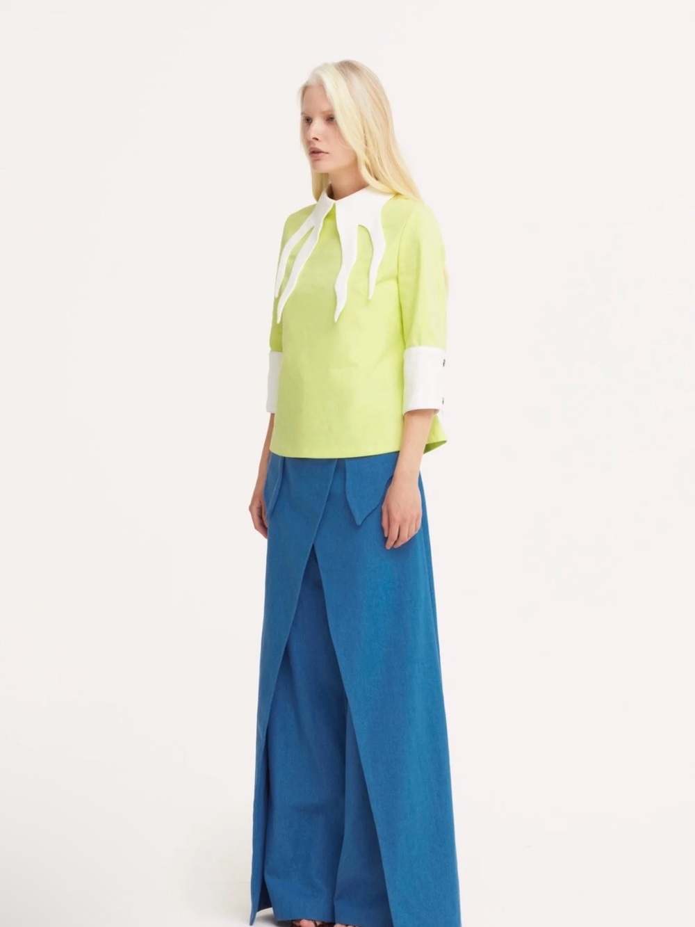 WHITE High-Waisted Denim Wrap Trousers, Skirt Effect